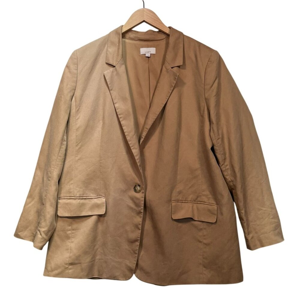 Loft Womens One Button Blazer Jacket Size 14 Tan Neutral Classic Business Pocket